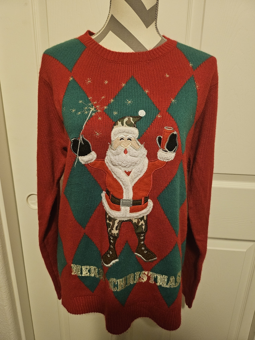 Holiday Crewneck Sweater with Santa Argyle Motif - Red & Green